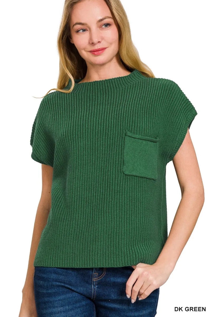 Zenana Mock Neck Short Sleeve Sweater DK GREEN - Fashorio