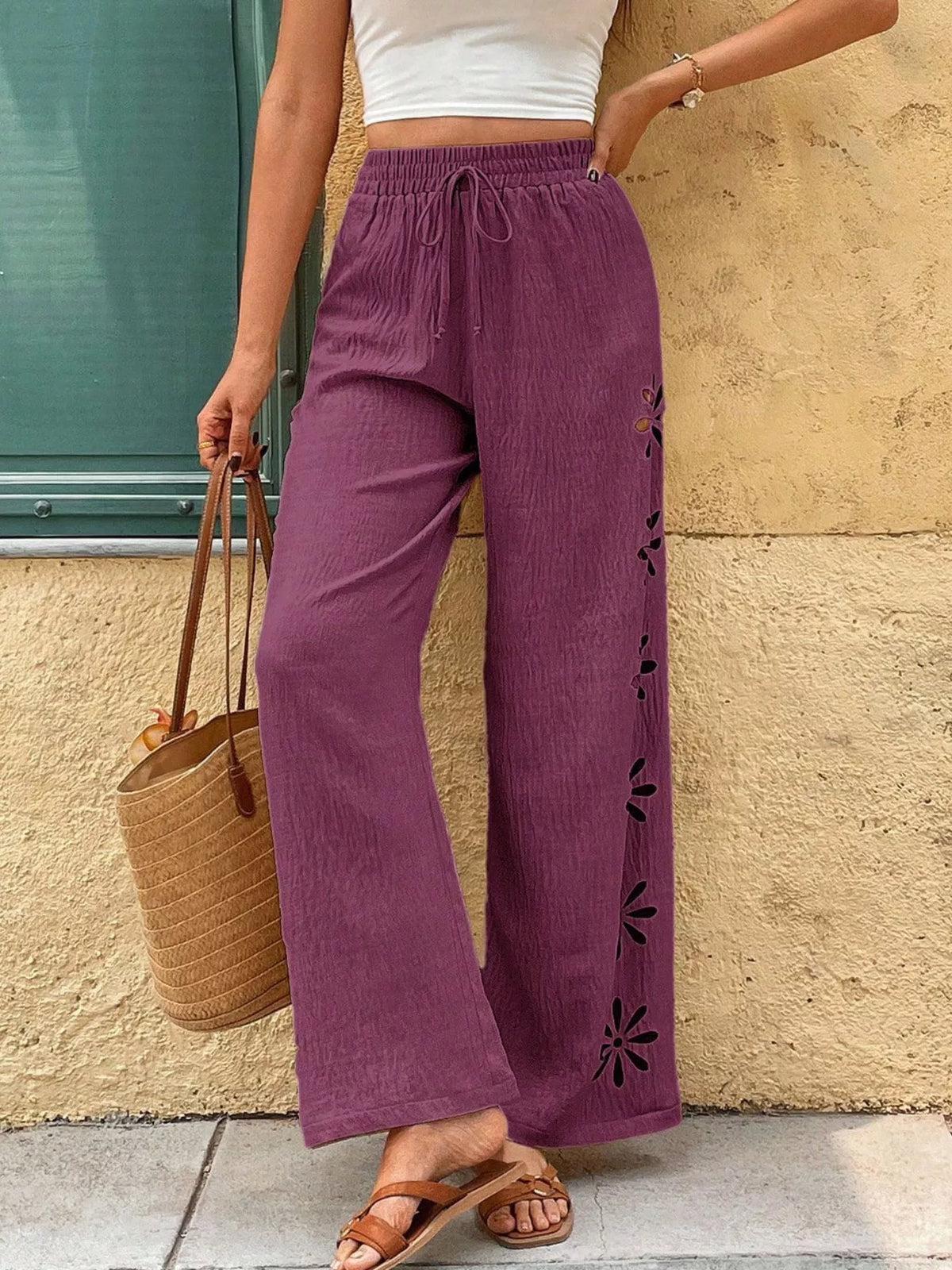 Apricot casual wide leg drawstring pants front view