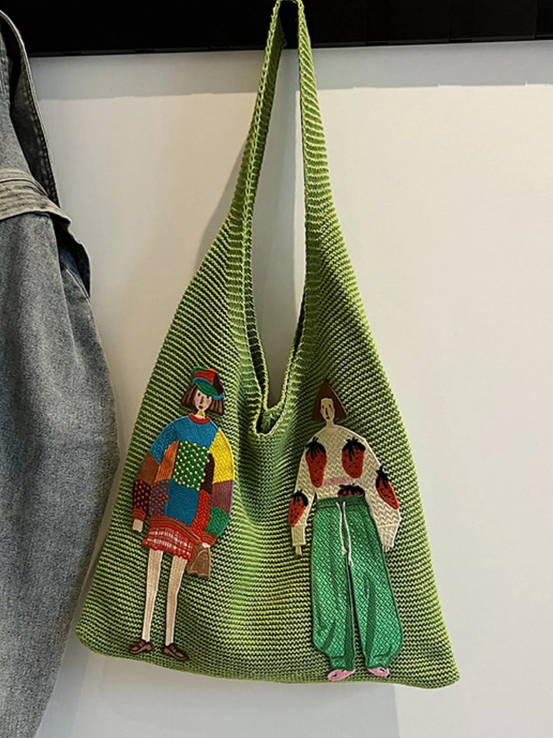 Green knitted embroidered shoulder bag front view