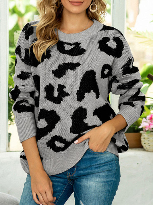 Drop Shoulder Leopard Pullover Sweater Gray - Fashorio