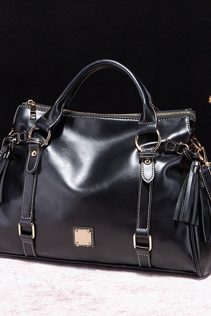 PU Leather Handbag with Tassels Black One Size - Fashorio