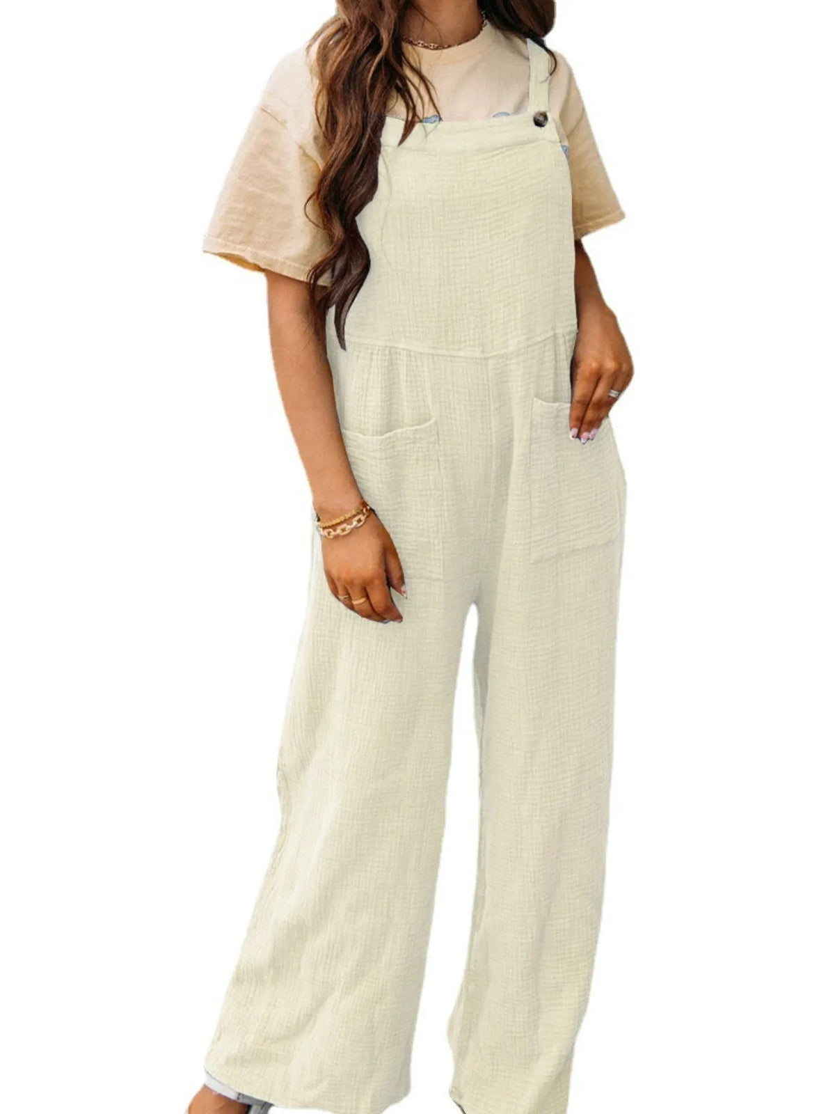 Casual Wide Leg Textured Overalls, view 23
