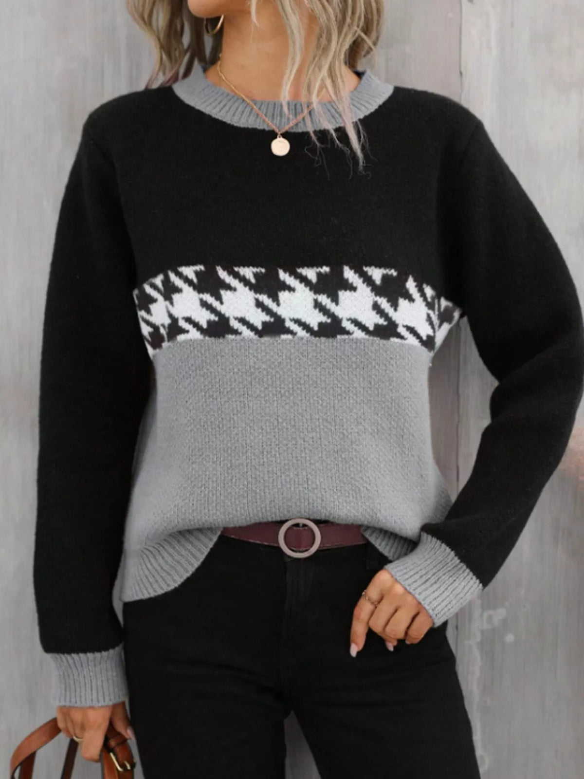 color block houndstooth sweater styled outfit view