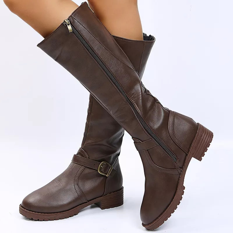 Round Toe Low Block Heel Boots angled three quarter view