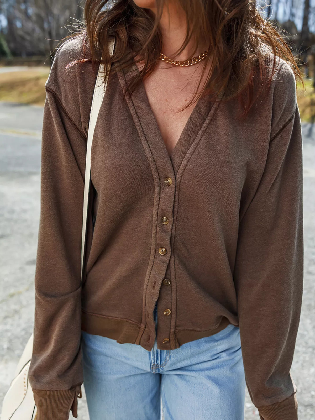 button front v neck casual cardigan brown neckline detail