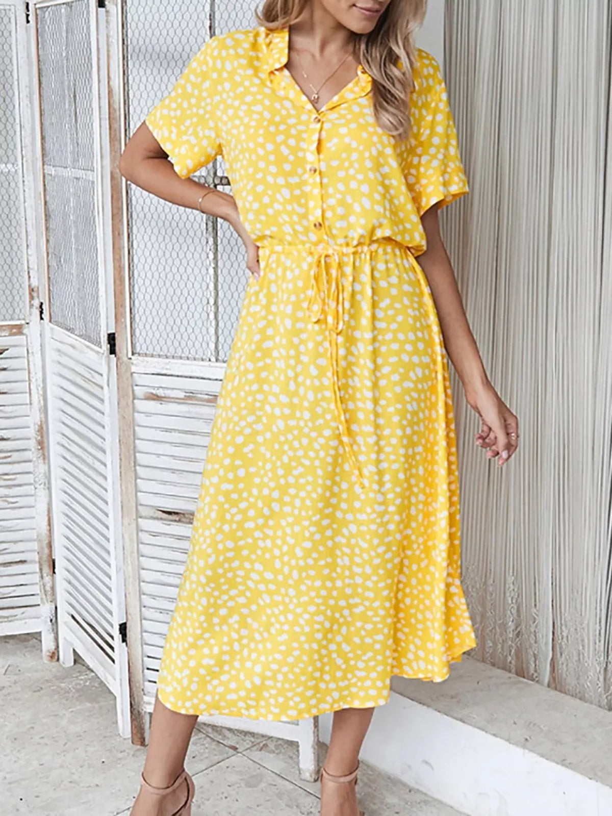 Polka dot button front midi dress detail view