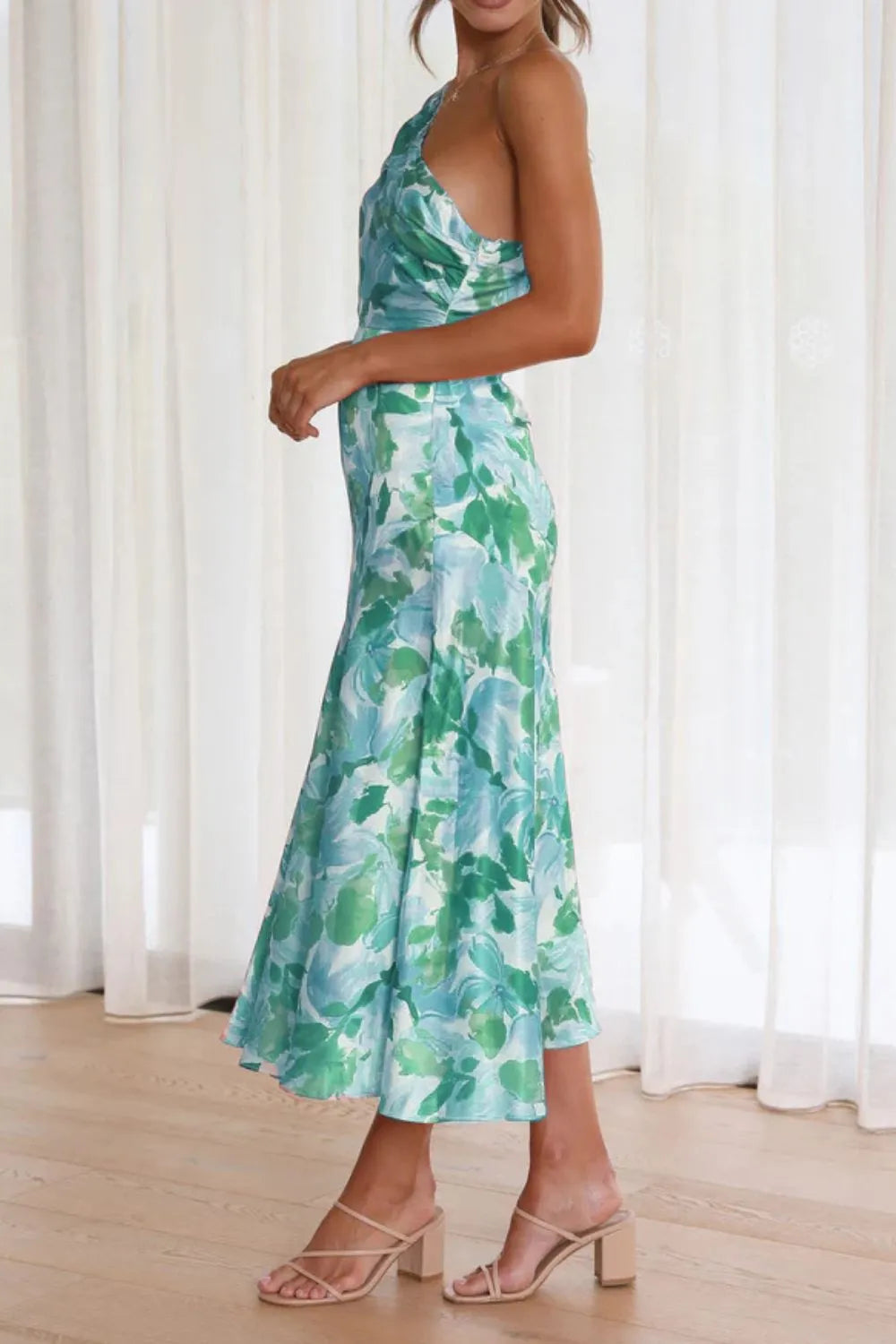 Teal single shoulder midi dress back view