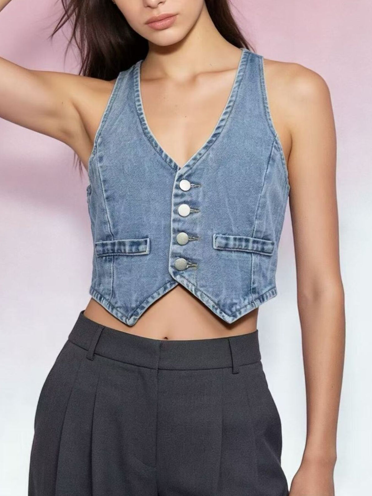Button Down Denim Vest in Light Blue back view