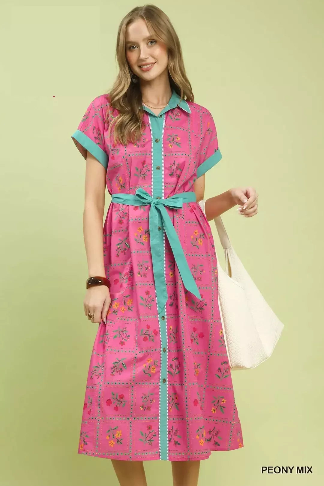 Floral Button Front Midi Dress in Peony