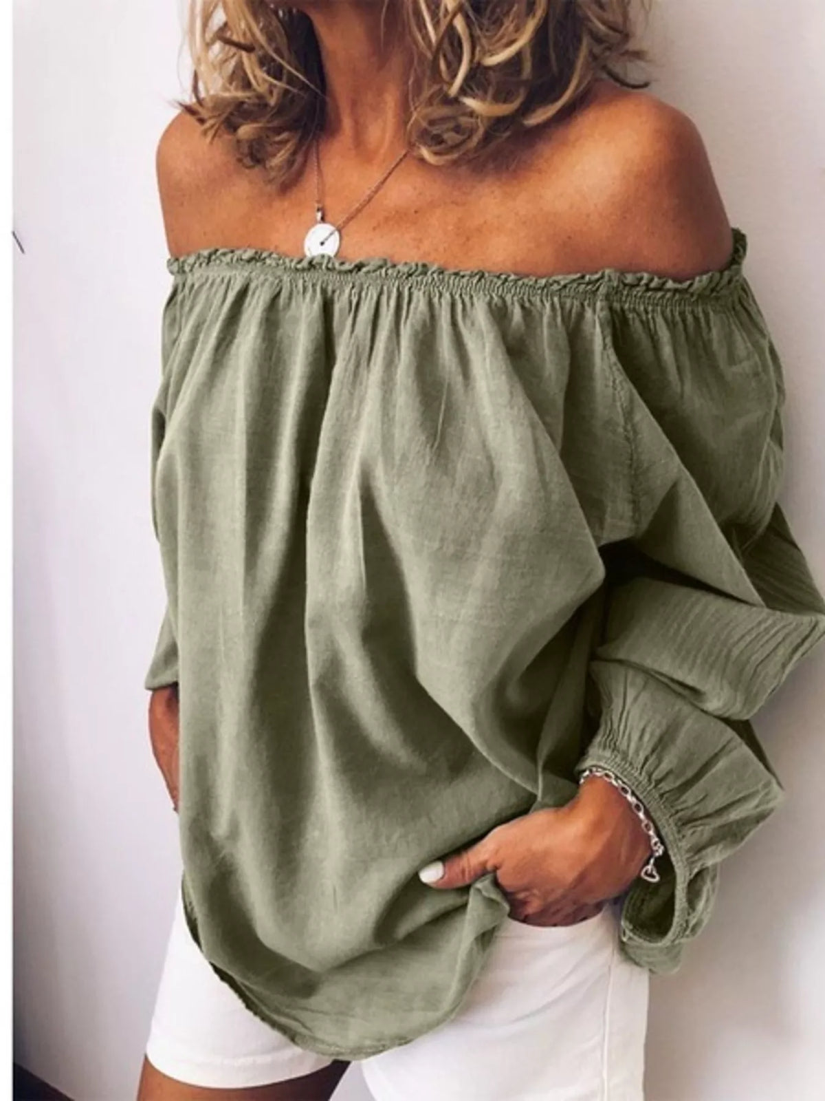 off shoulder frill trim blouse on model