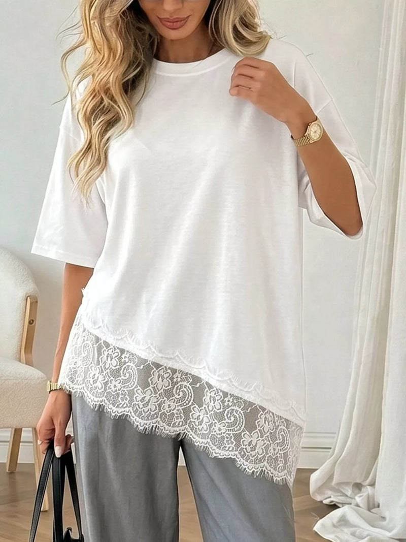 White lace detail half sleeve tee front view