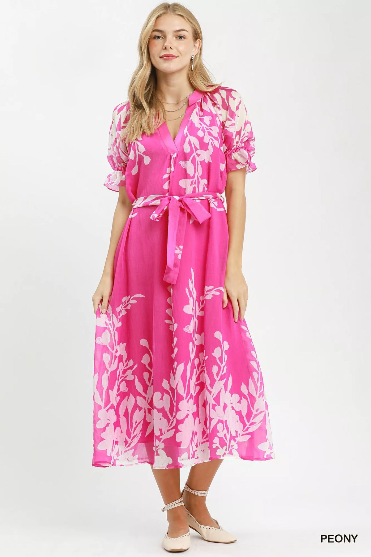 Peony floral tie waist midi dress with puff sleeves front view