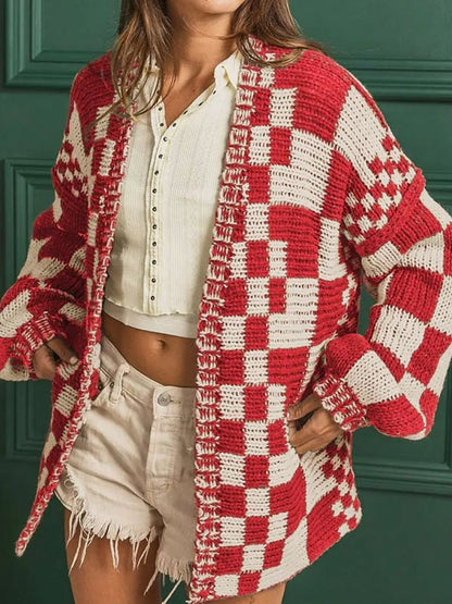 Checkered Open Front Long Sleeve Cardigan - Fashorio