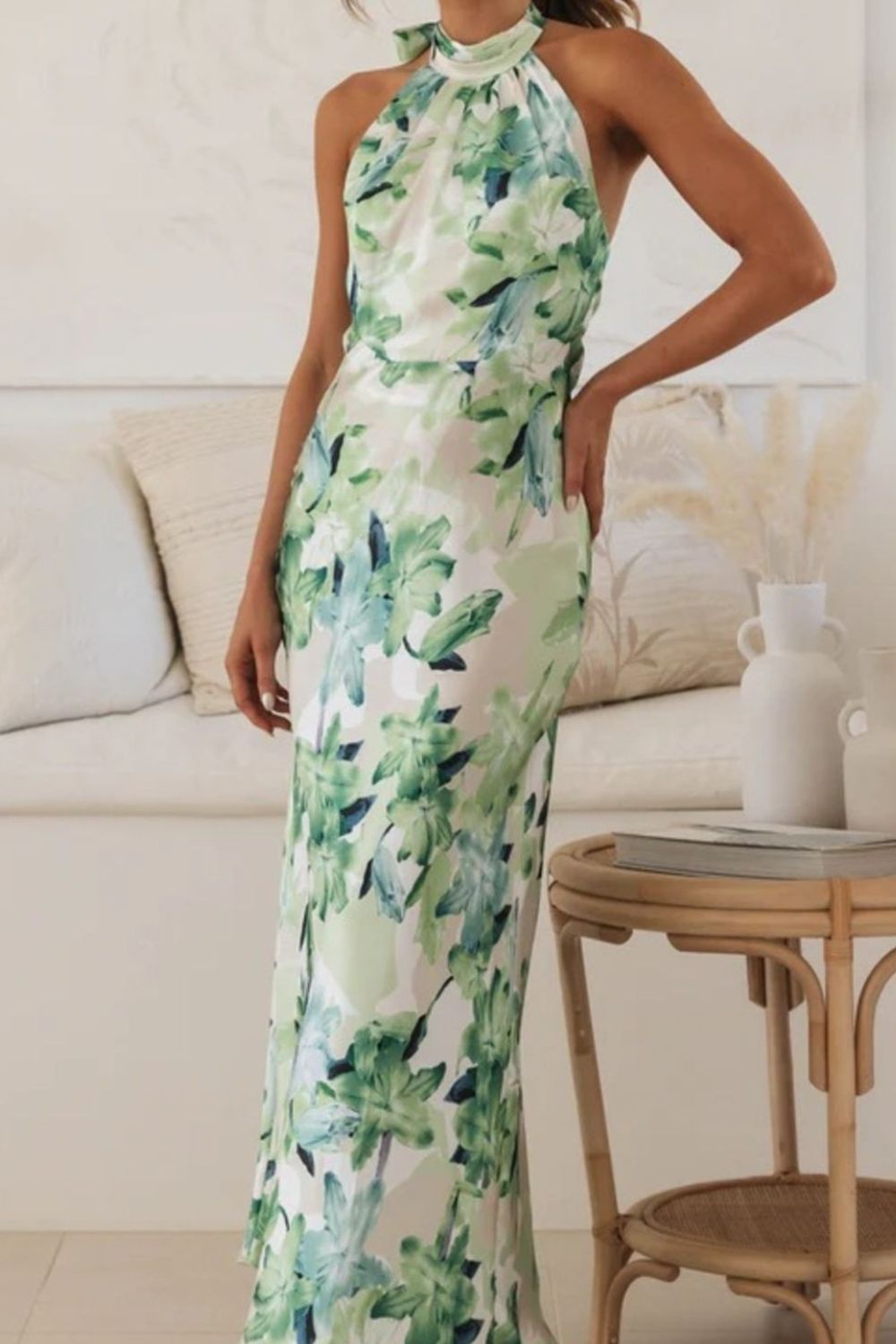 floral halter neck maxi dress with leg slit fabric and print detail