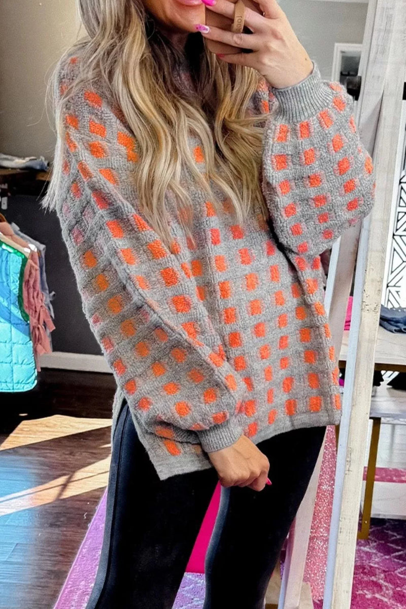 Gray Plaid round neck drop shoulder sweater, front view