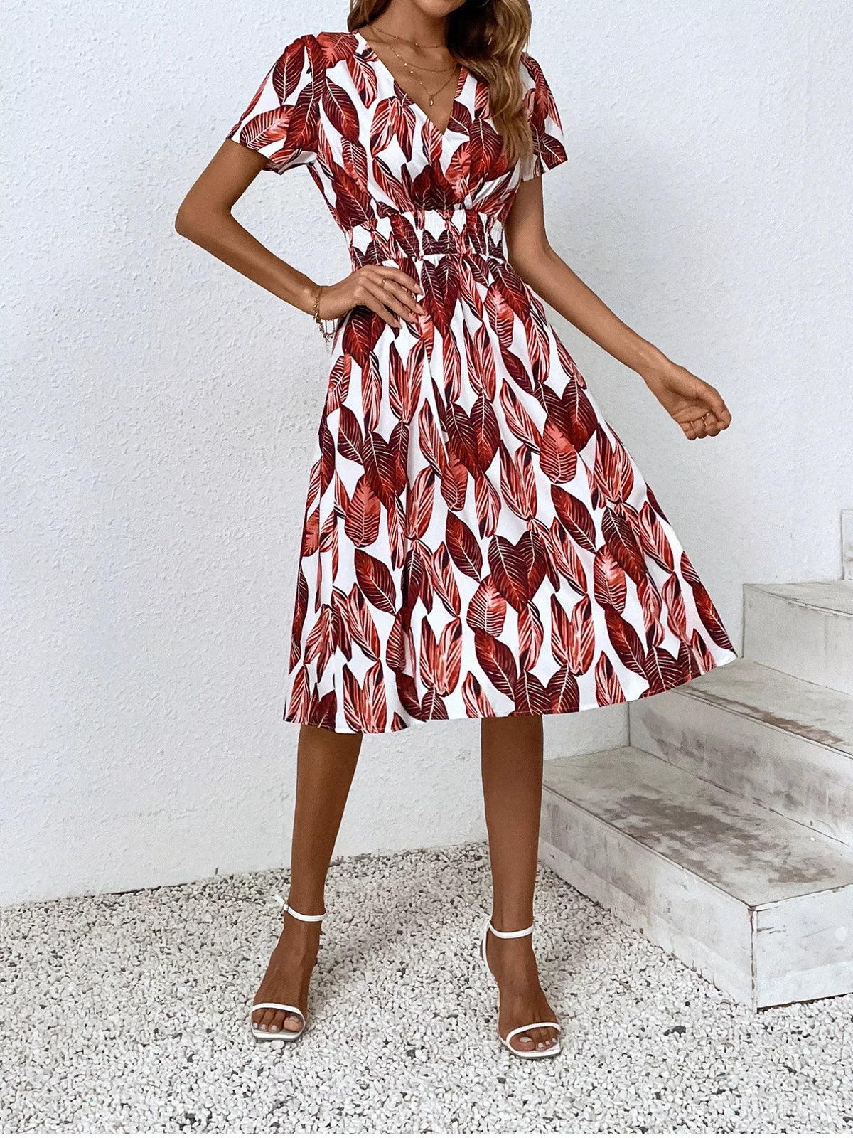 Printed short sleeve smocked midi dress side view