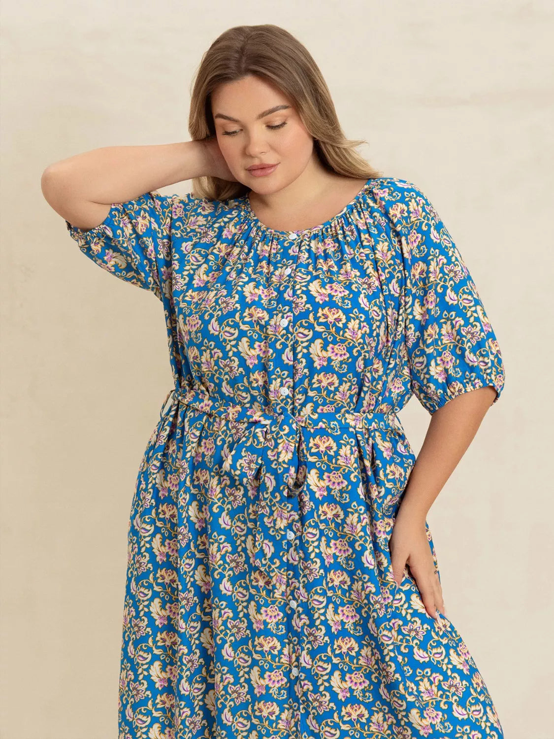 Blue floral plus size maxi dress button front detail