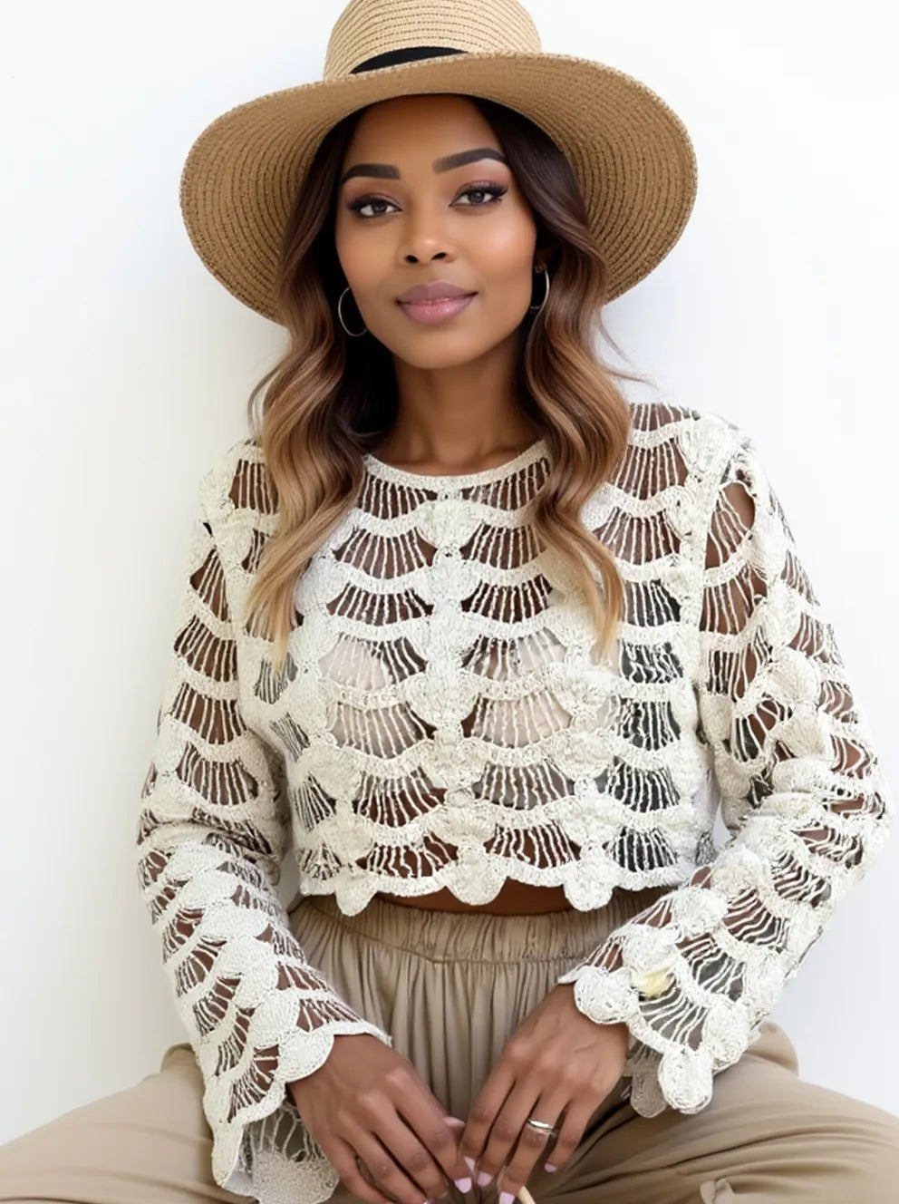 crochet long sleeve knit beach cover up side view