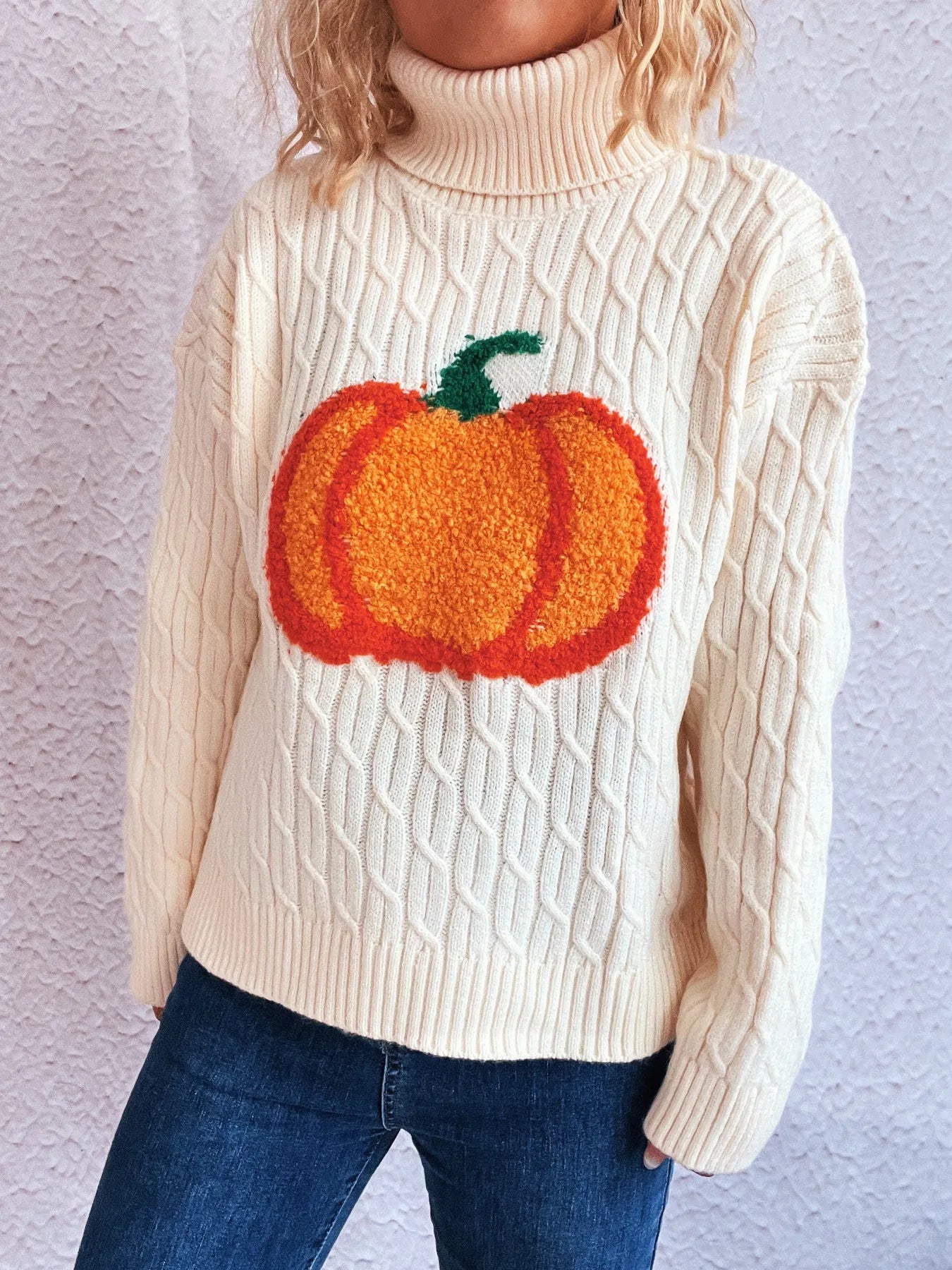 Pumpkin Turtleneck Long Sleeve Sweater - Fashorio