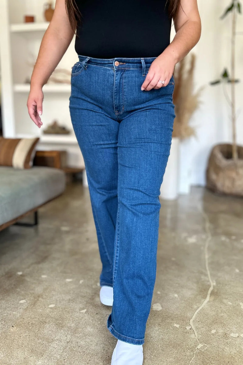 High rise straight jeans in medium wash front view