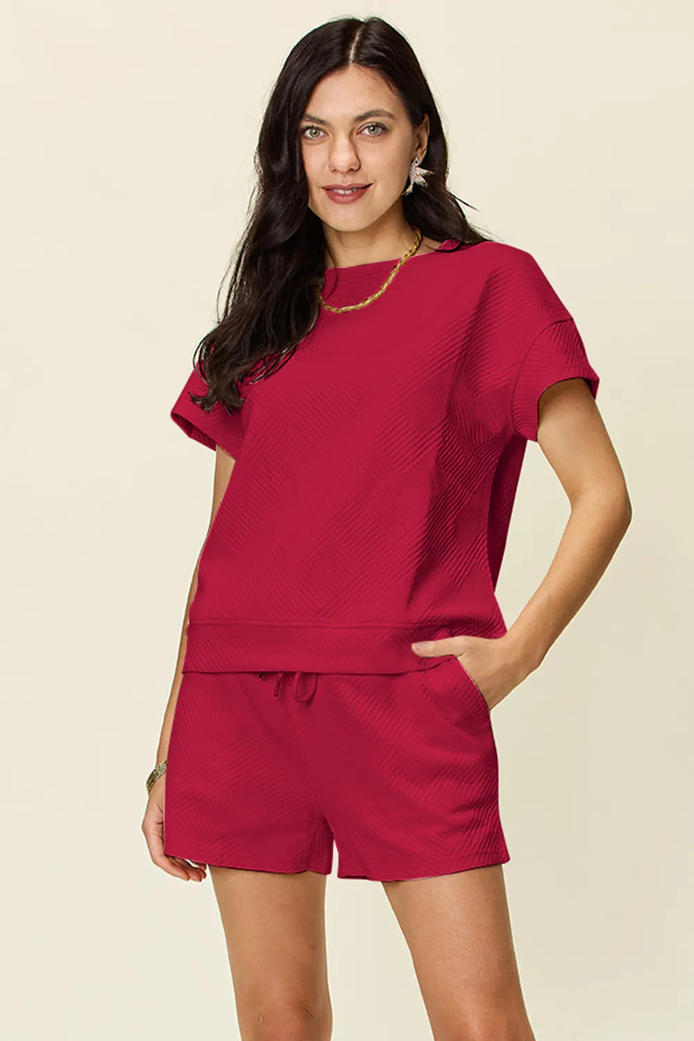 Double Take Full Size Texture Short Sleeve T-Shirt and Drawstring Shorts Set Deep Red - Fashorio