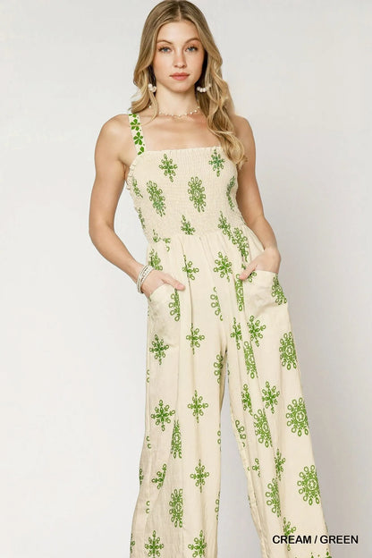 Umgee Smocked Printed Wide Leg Jumpsuit - Fashorio