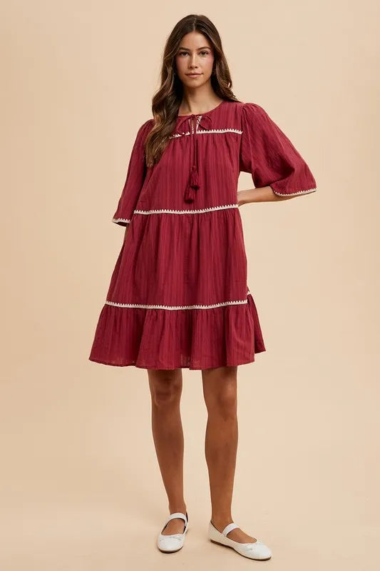 Tassel Tie Neck Tiered Dress in Burgundy styled look