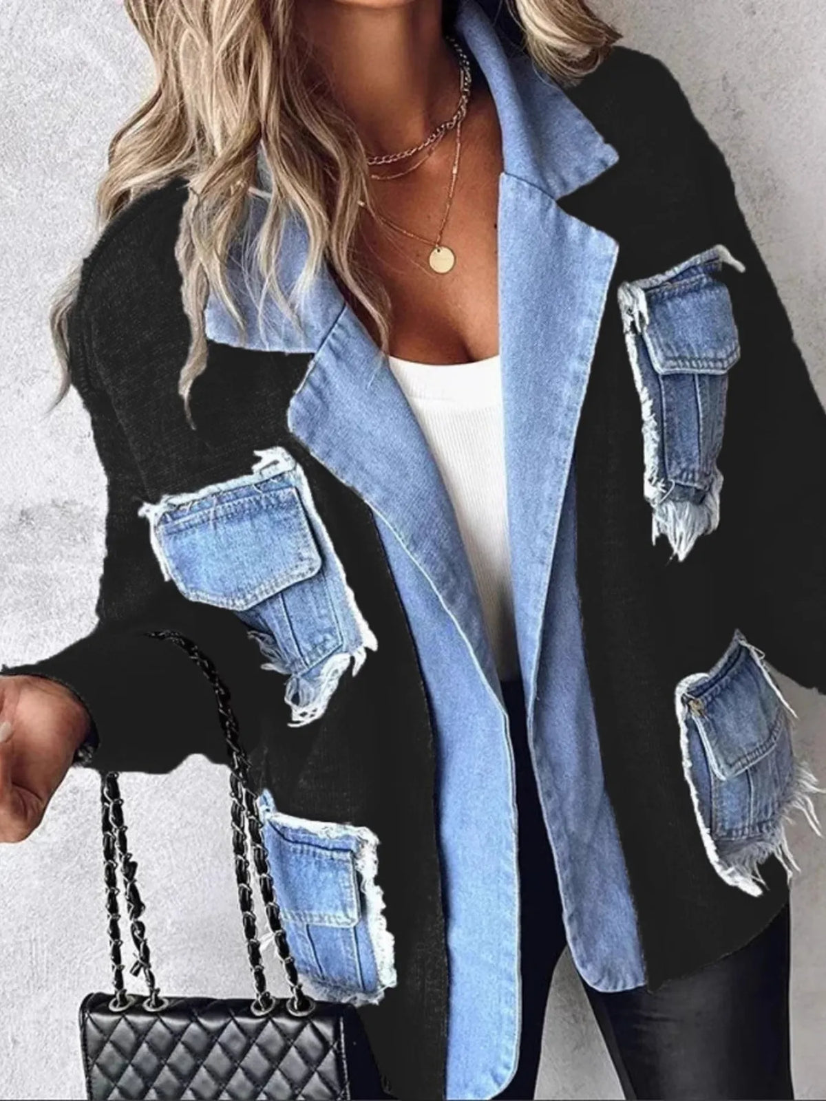 raw hem patchwork pocket cardigan sleeve and cuff detail
