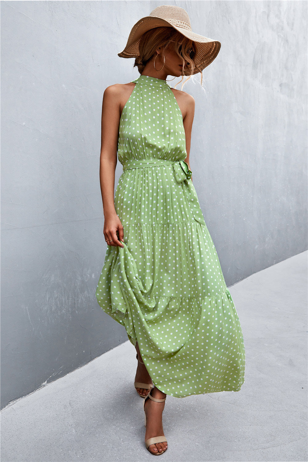 Printed sleeveless tie waist maxi dress close up view