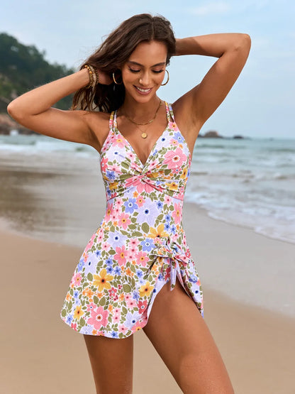 Twisted Front Crisscross Double Spaghetti Strap One-Piece Swimwear - Fashorio