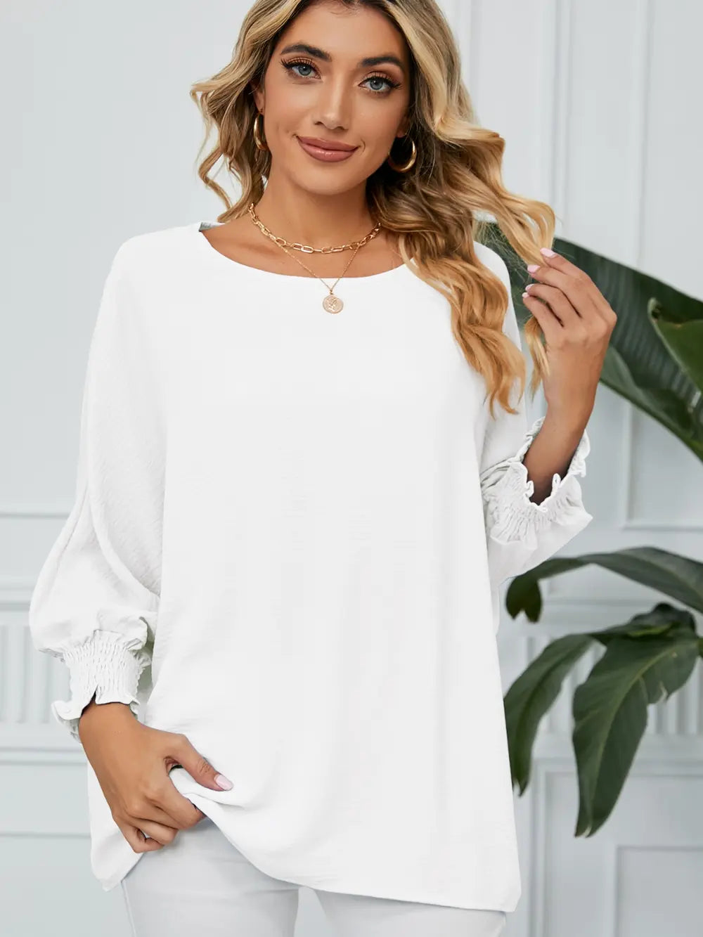 Smocked Lantern Sleeve Round Neck Blouse White - Fashorio