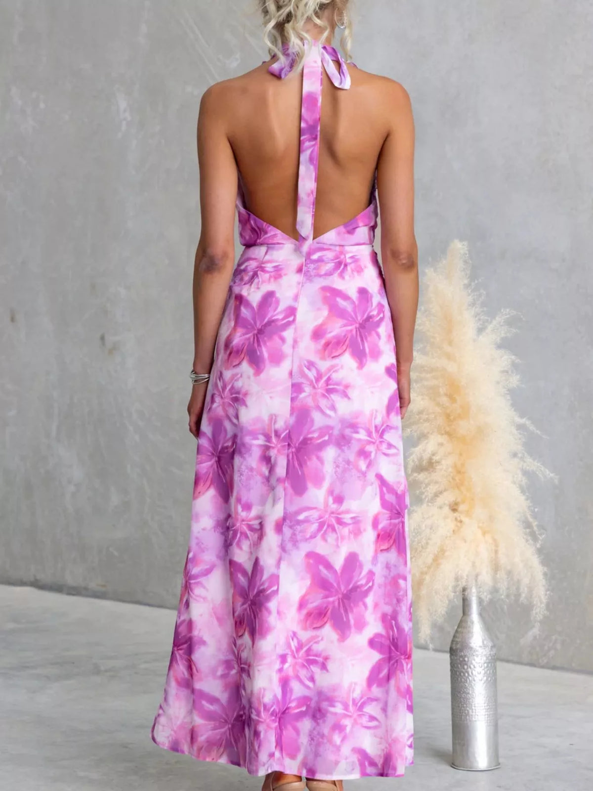Floral halter maxi dress side view
