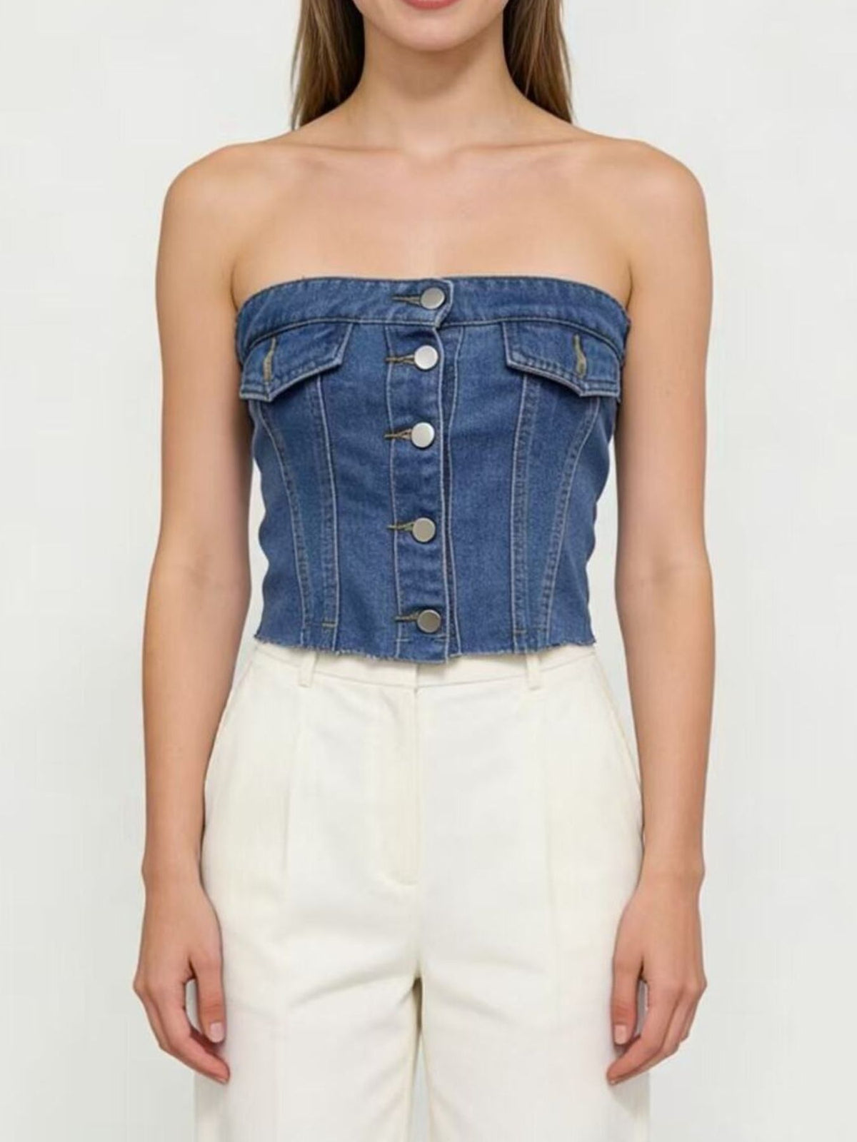 Side view of the strapless blue denim top