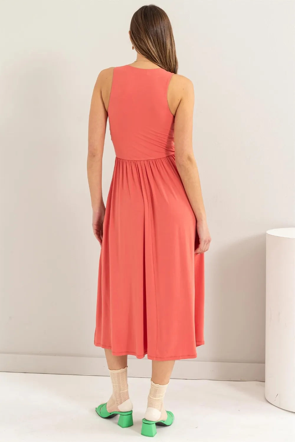 Sleeveless Slit Midi Dress in Spiced Coral back view