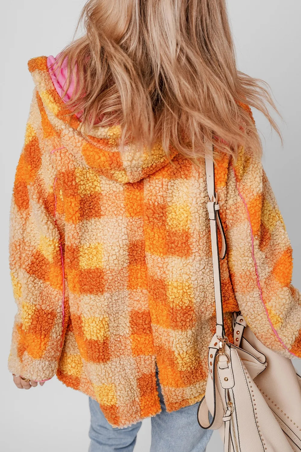 Checkered Sherpa Hooded Jacket in Tangerine detail