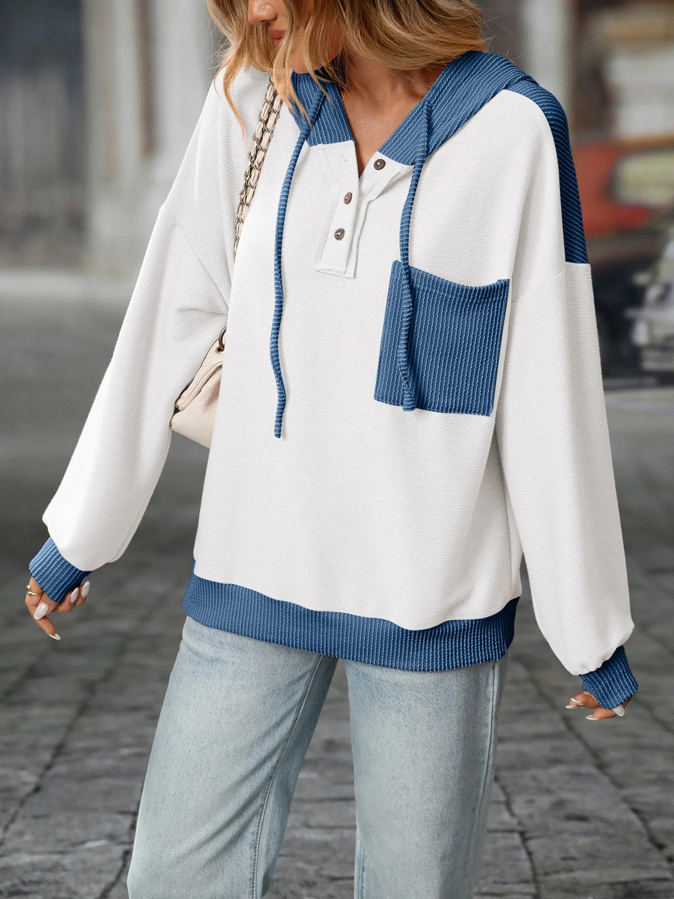 Drawstring Button Detail Long Sleeve Hoodie - Fashorio