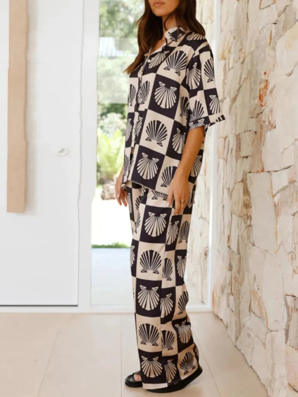 Printed Collared Top and Wide Leg Pants Set, view 6