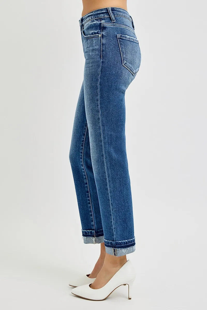 RISEN Mid Rise Ankle Straight Cuffed Jeans - Fashorio
