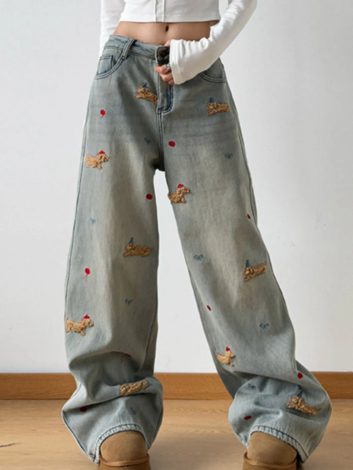 Full length embroidered wide leg jeans