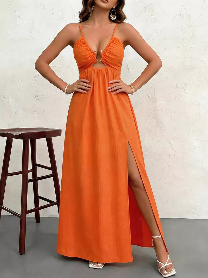 Orange cutout front high slit bodycon maxi dress front view