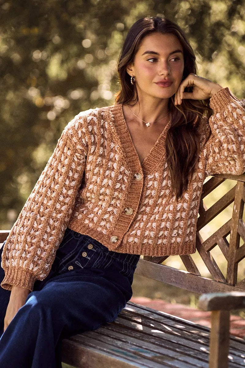 Soft Chenille Button Cardigan in Camel on model