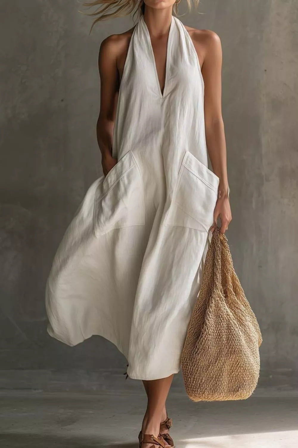 Halter neck pocket midi dress, full length view