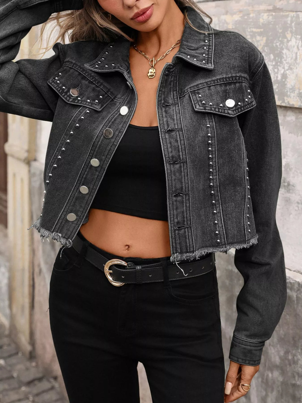 Studded Raw Hem Denim Jacket in Light Blue view 8