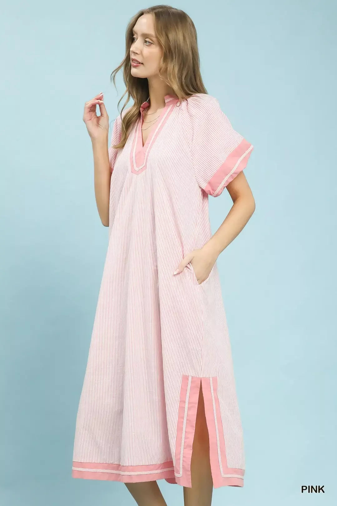 Pinstripe Contrast Trim Midi Dress back view