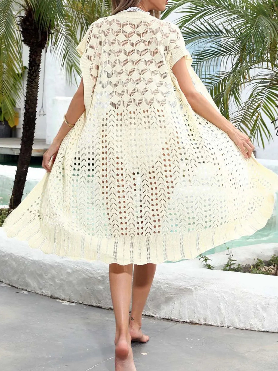 Open Front Short Sleeve Openwork Cover-Up - Fashorio