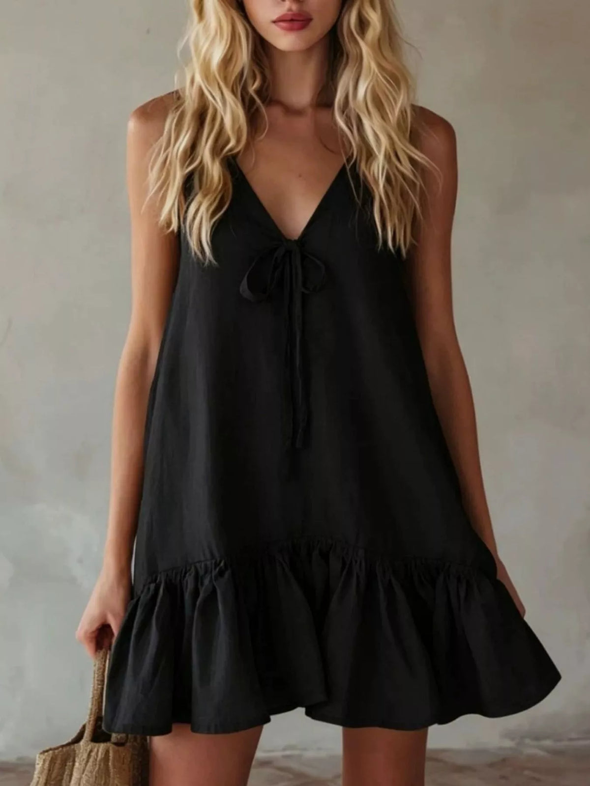 V neck tie front ruffle hem mini dress side view