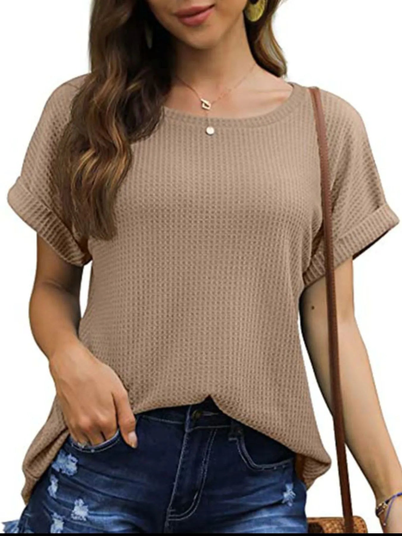 Full Size Waffle Knit Relaxed Fit T-Shirt Plus Size Khaki - Fashorio