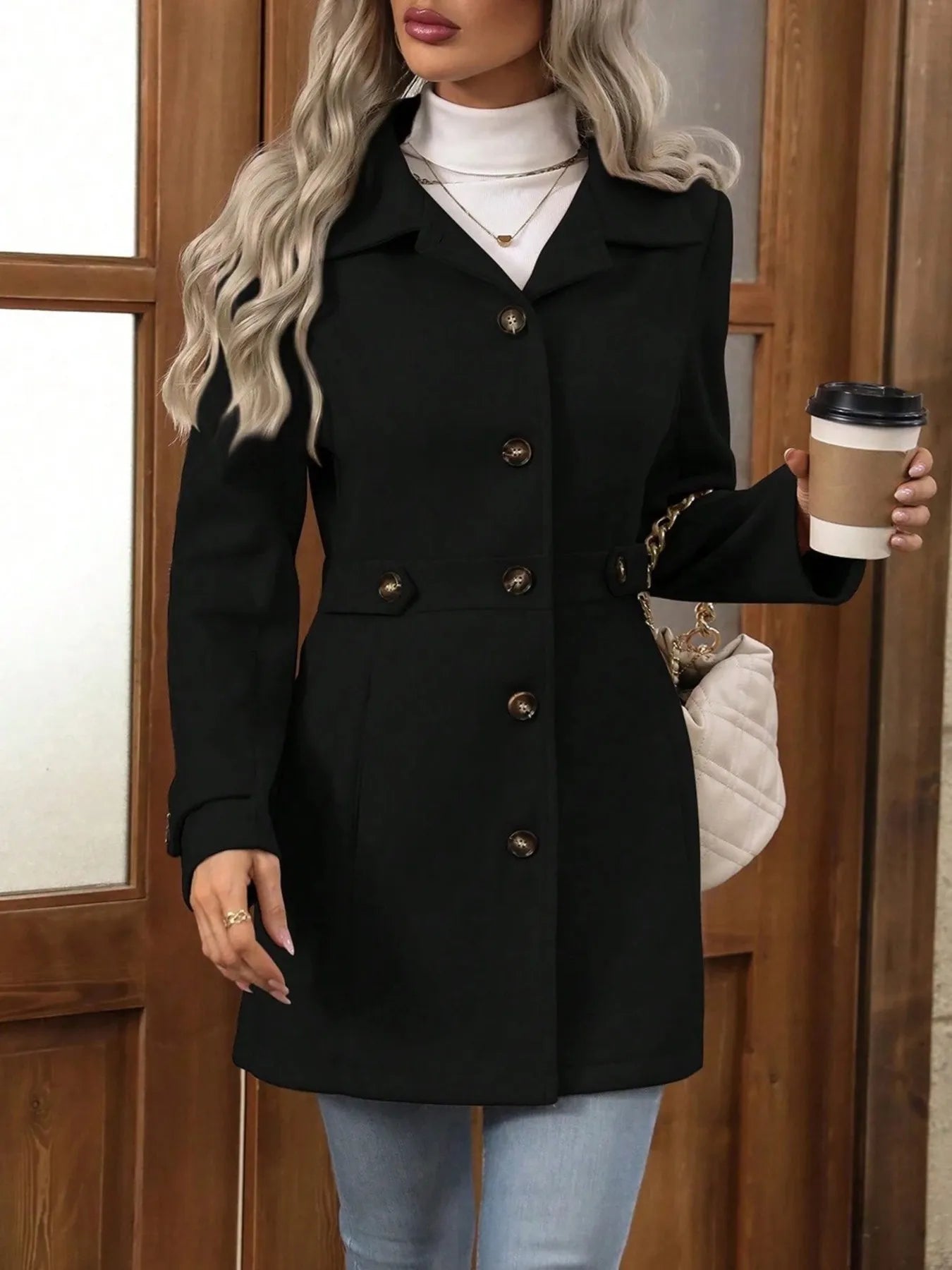 Button Up Long Sleeve Coat Black - Fashorio