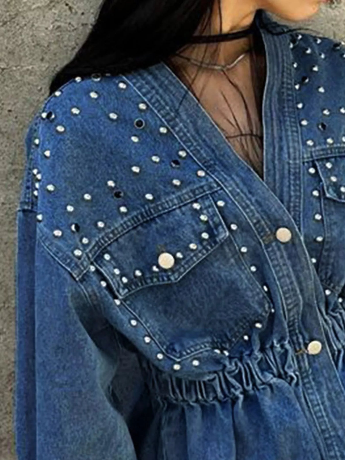 Studded Button Up Denim Jacket in Light Blue close up