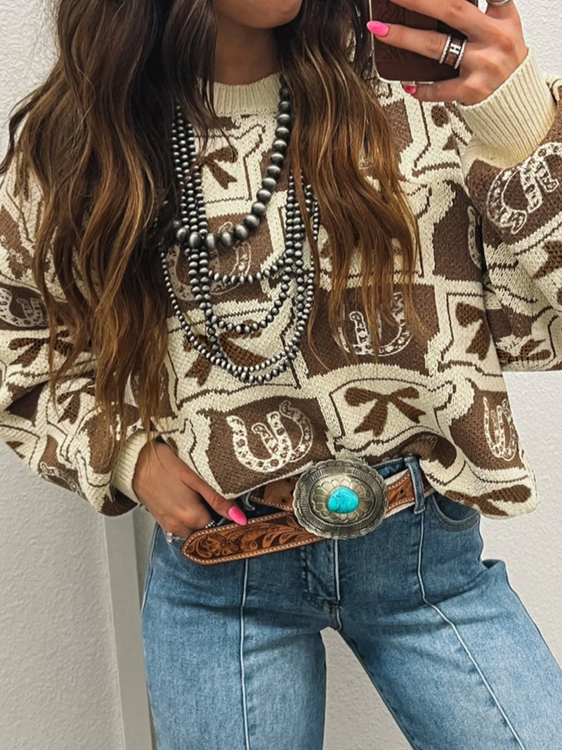Beige graphic round neck long sleeve sweater, front view